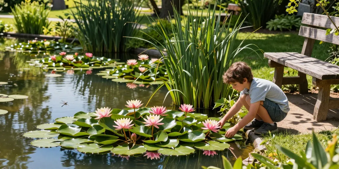 Vibrant water lilies blooming in a peaceful garden pond.