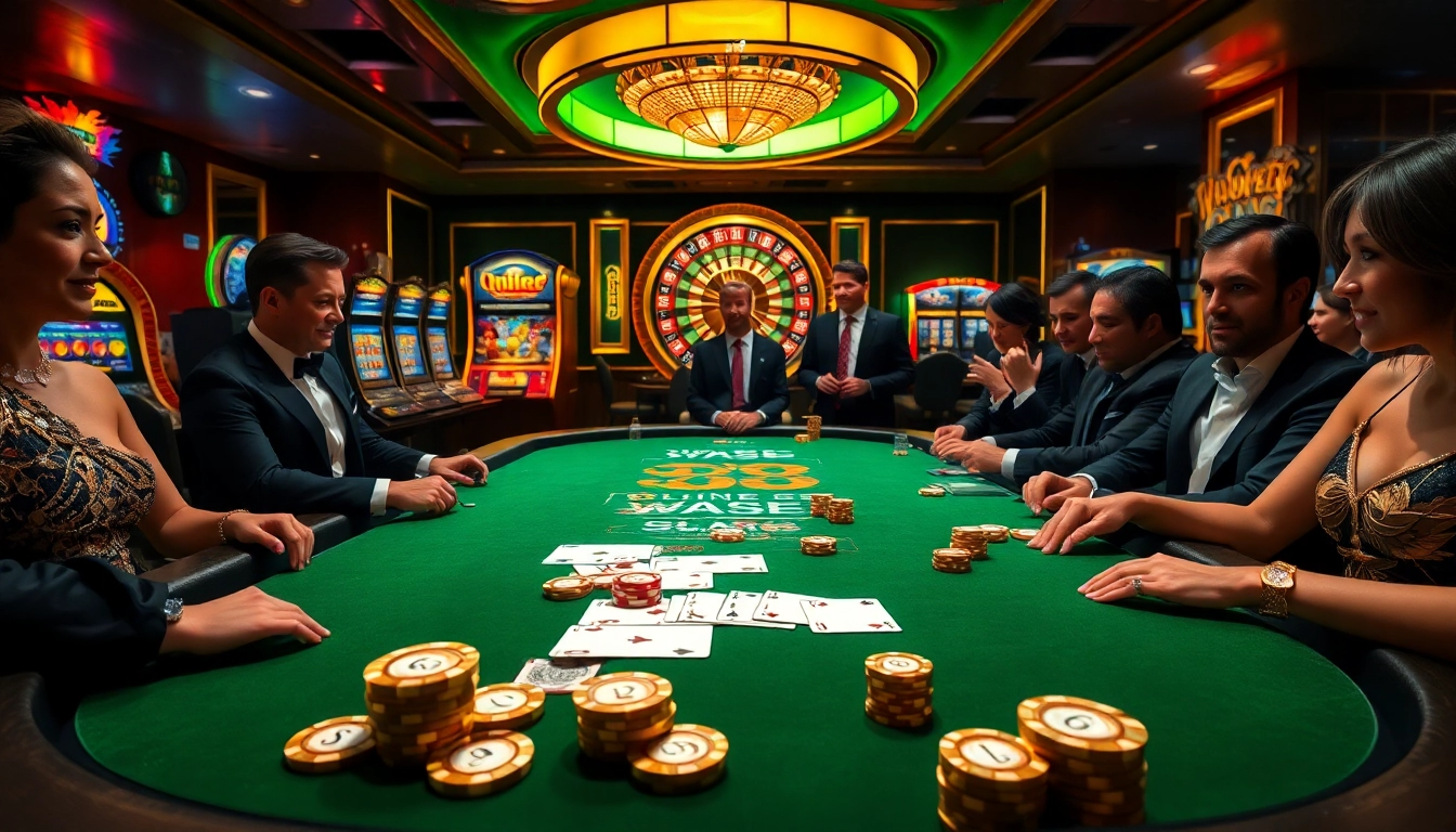 Players enjoying a high-stakes game with J88 poker chips at a luxurious casino table.