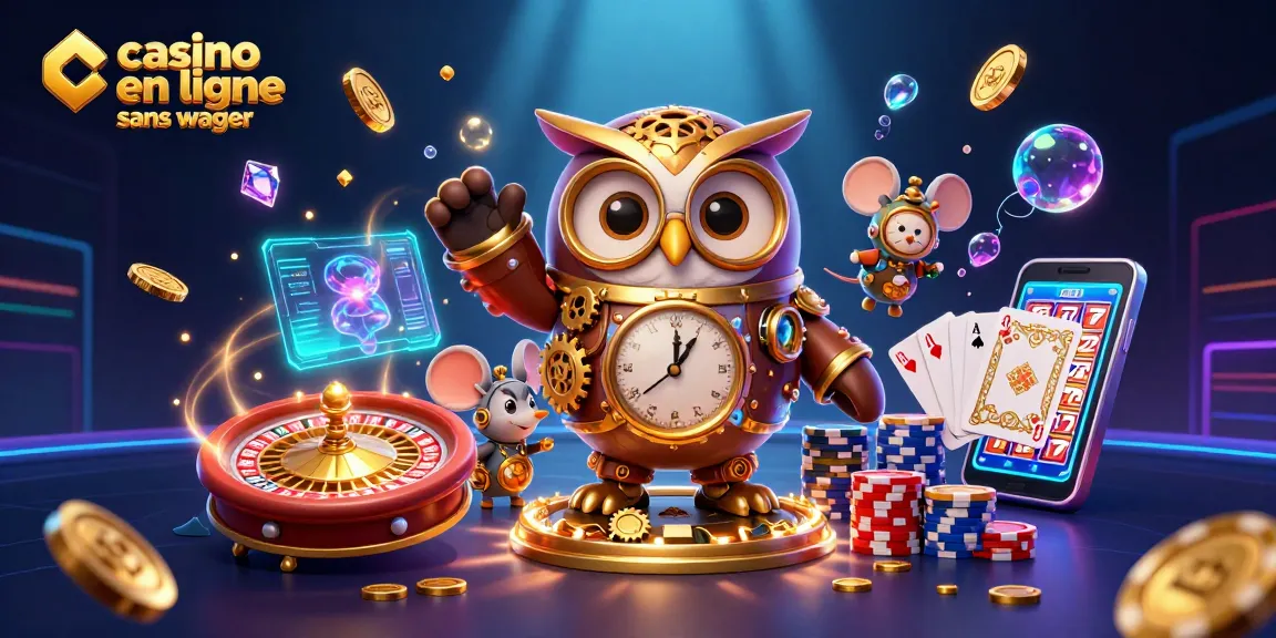 Jouer au casino en ligne sans wager avec une illustration inspirante d'une chouette steampunk entourée de trésors.