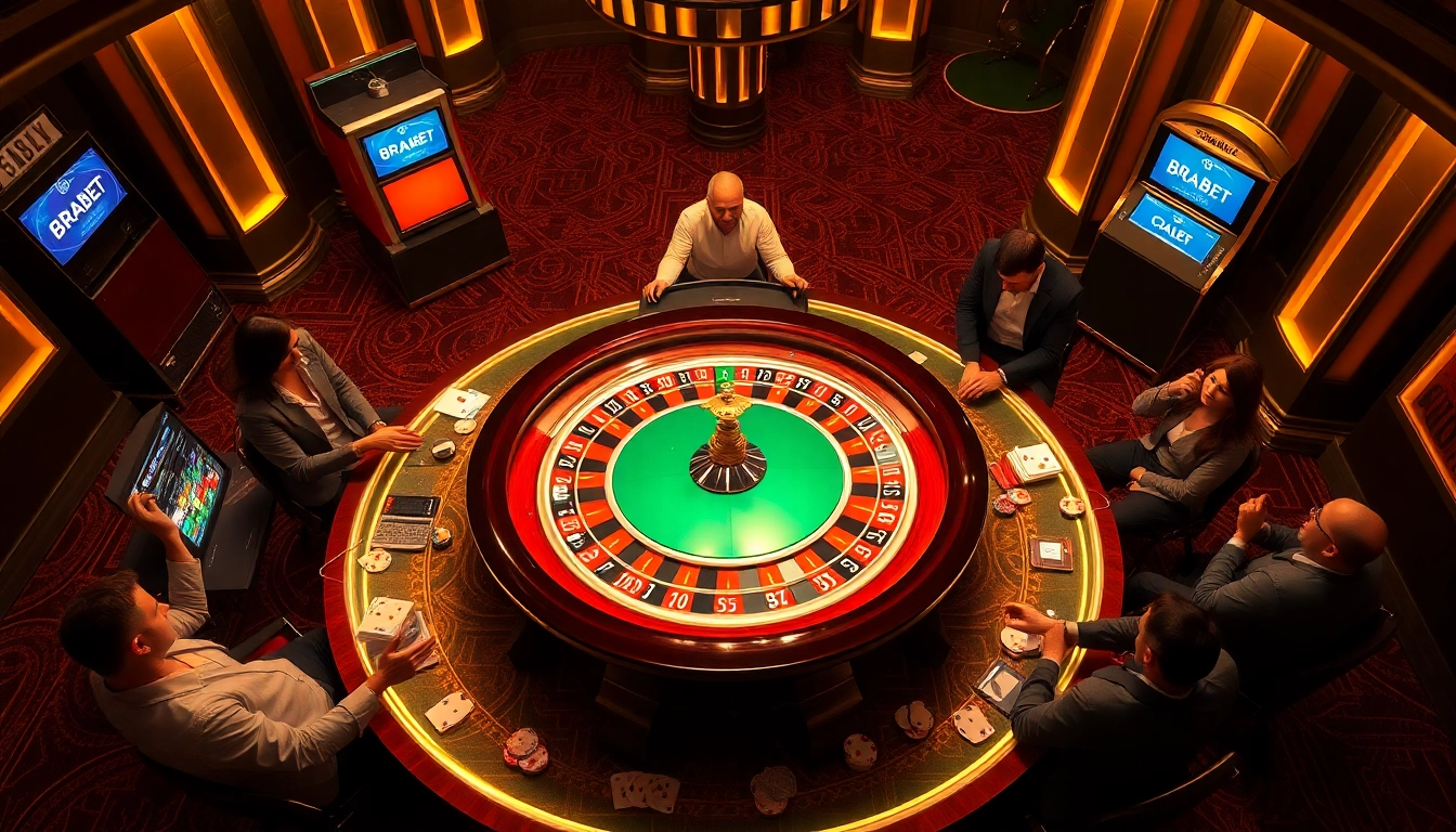 Experience the thrill of BRABET as players enjoy a luxurious casino atmosphere with roulette and high-stakes excitement.