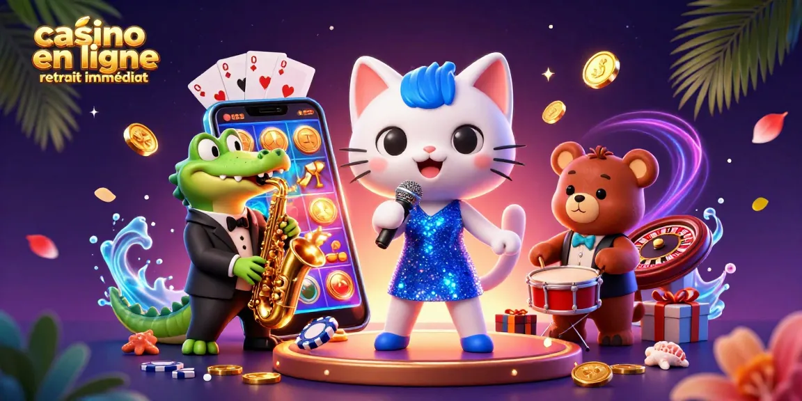 Illustration dynamique de personnages de casino en ligne retrait immédiat avec slot, jetons et effets lumineux.