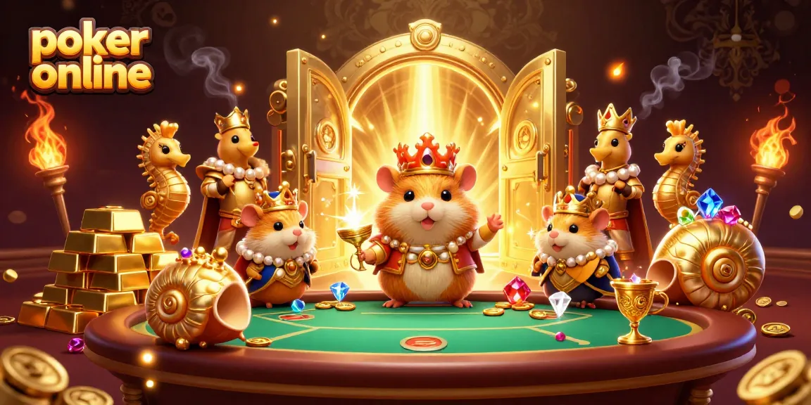 Gagnez avec du poker en ligne dans une scène dynamique illustrant un roi hamster et des gardes s'évaporant autour d'un coffre rempli de trésors.