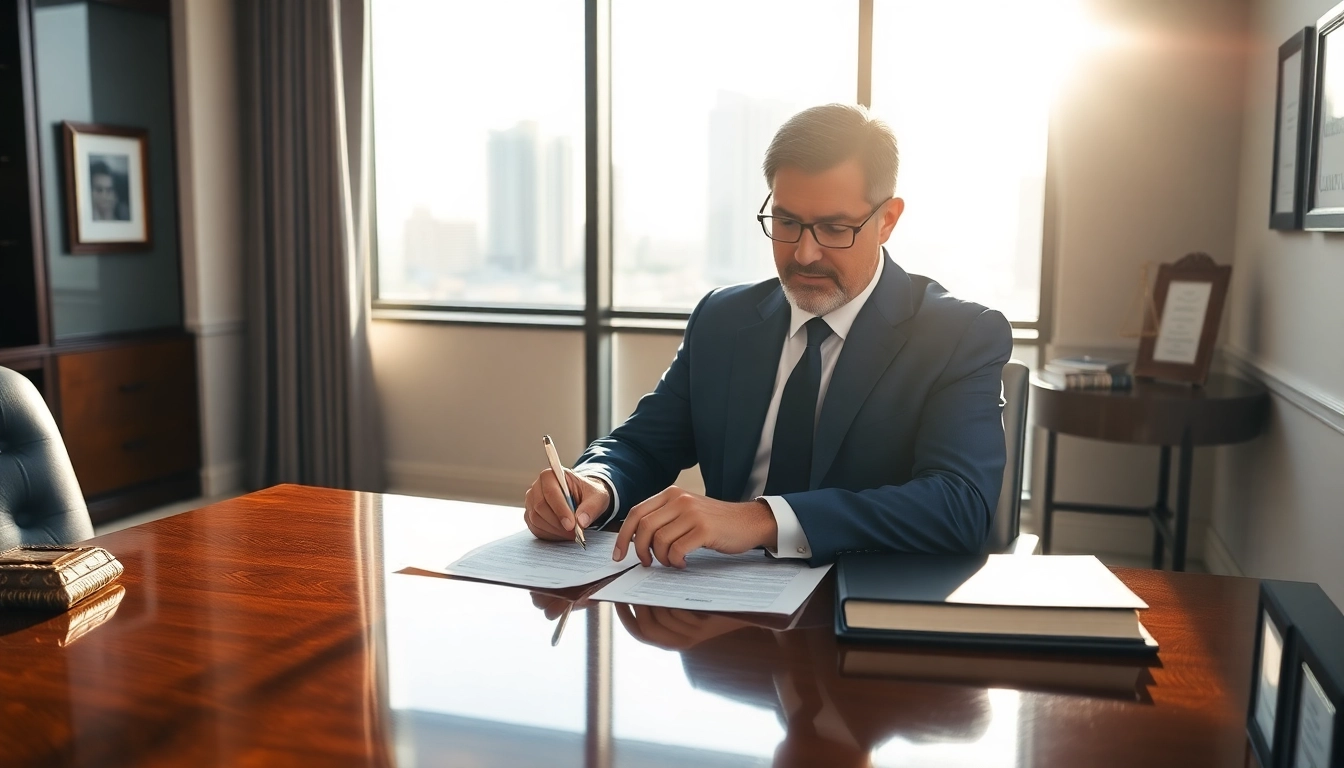 Consult a Miami high net worth divorce lawyer working in an upscale office, ensuring expert legal guidance.