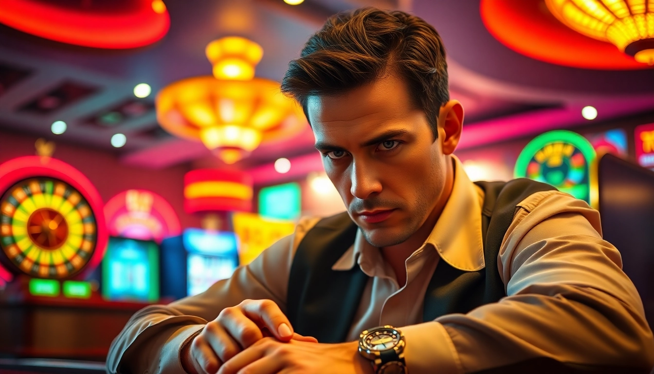 Engaged player at casino sites, surrounded by vibrant lights and games.
