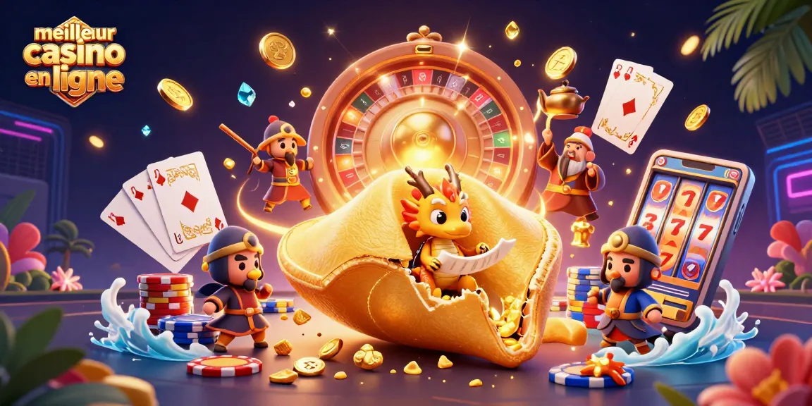 Illustration 3D colorée présentant le meilleur casino en ligne avec un dragon et des éléments de jeu captivants.
