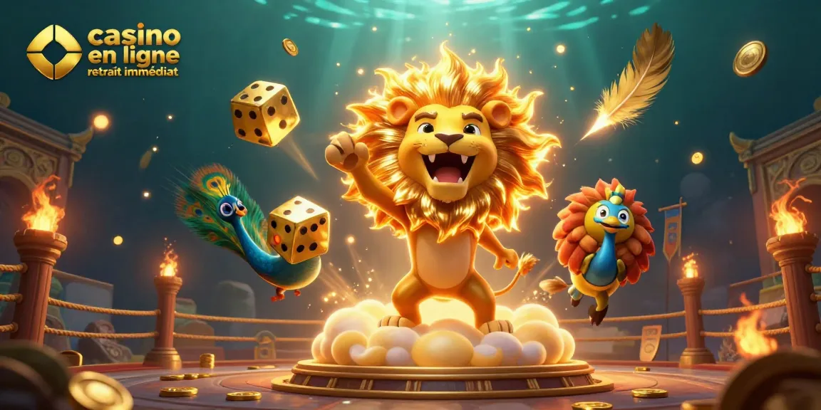 Casino en ligne retrait immédiat avec un lion en 3D et des éléments de jeux animés.