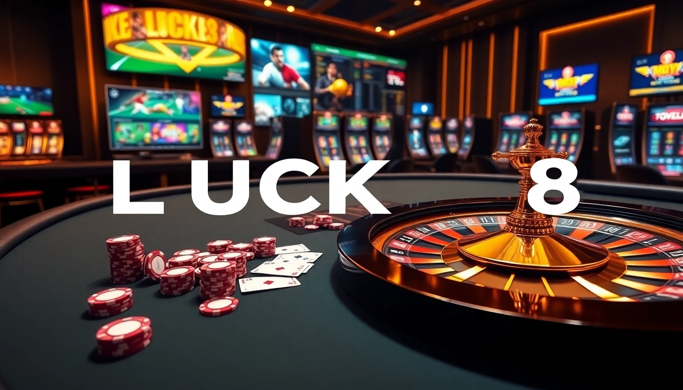 Experience the excitement at LUCK8's luxurious casino table with poker chips and roulette.