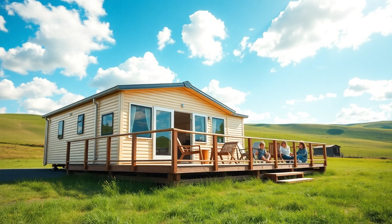 Family enjoying a peaceful moment around Static Caravans in a green meadow