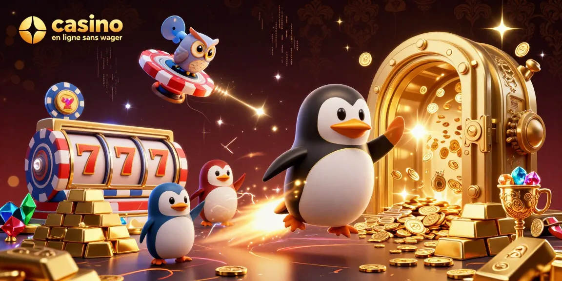 Illustration dynamique d'un casino en ligne sans wager avec un pingouin doré et des éléments de jeux.