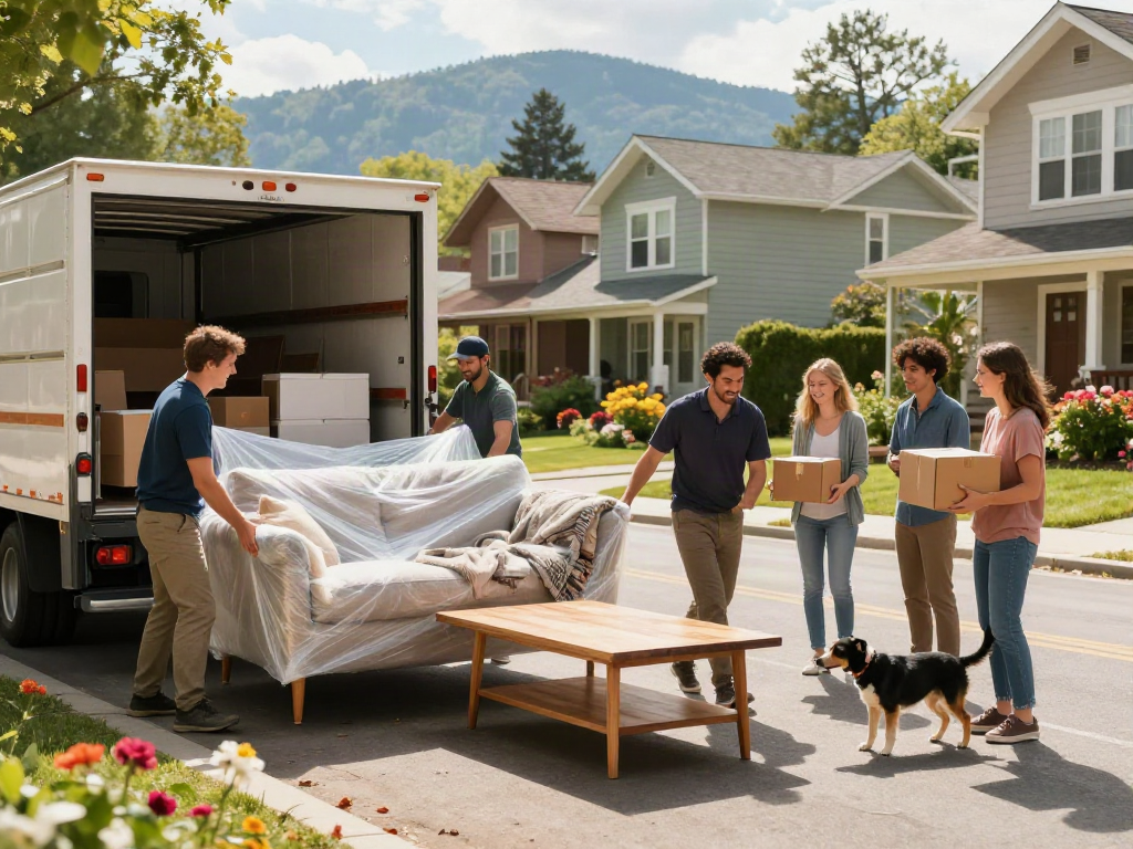 Professional movers efficiently loading a sofa and coffee table during a sunny Asheville moving day.