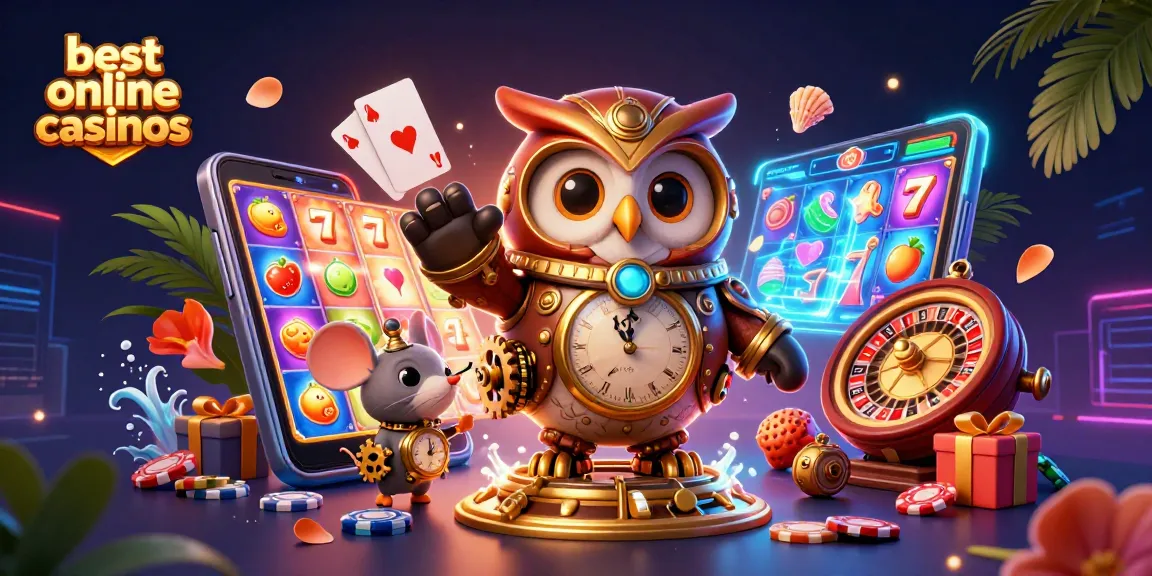 Experience the excitement of the best online casinos with an enchanting 3D owl and casino elements.