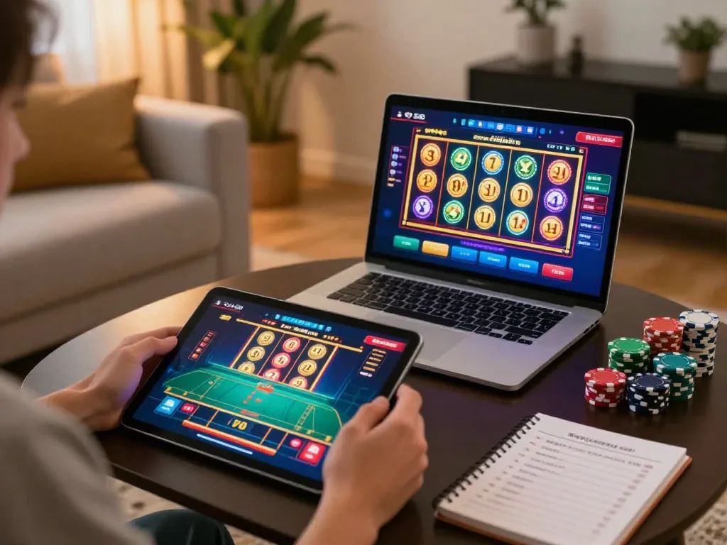 Engaging in a thrilling toto slot game experience on a laptop surrounded by strategic notes and cozy home ambiance