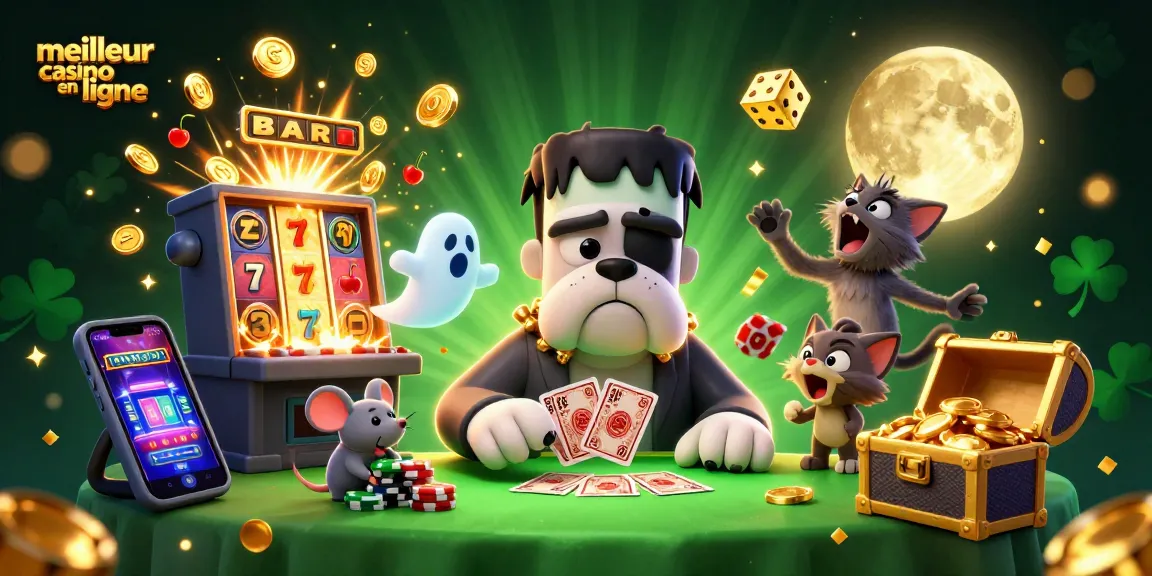 Illustration dynamique sur le meilleur casino en ligne avec un bulldog Frankenstein et un chaton-loup.
