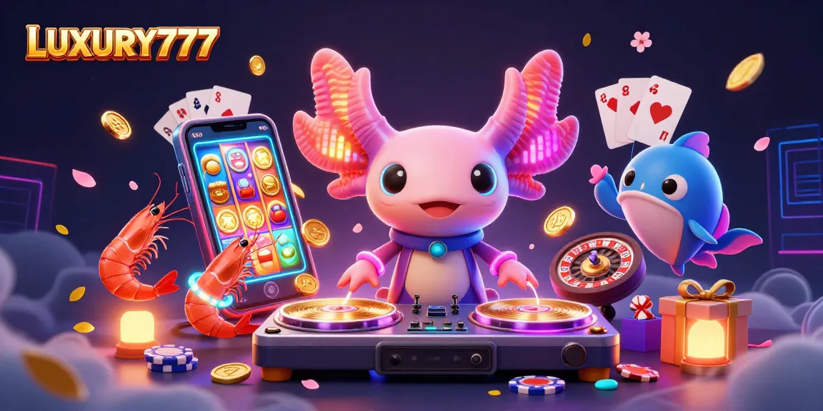 LUXURY777 menciptakan pengalaman kasino yang unik dengan DJ axolotl dan teman-temannya yang penuh warna dan gemerlap.