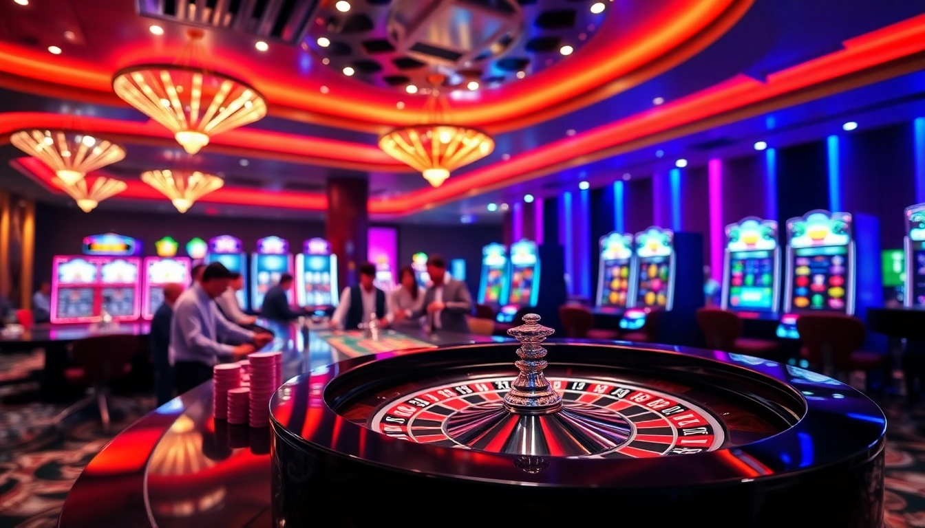 Experience the thrill of af88 com with a vibrant casino scene showcasing roulette and slot machines.