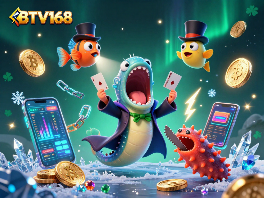 BTV168 shines with magical casino tricks from a bioluminescent eel and anglerfish under neon crypto.