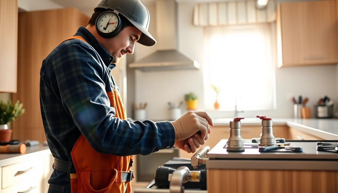Gas fitter north shore repairing gas lines in a modern kitchen with professional tools.