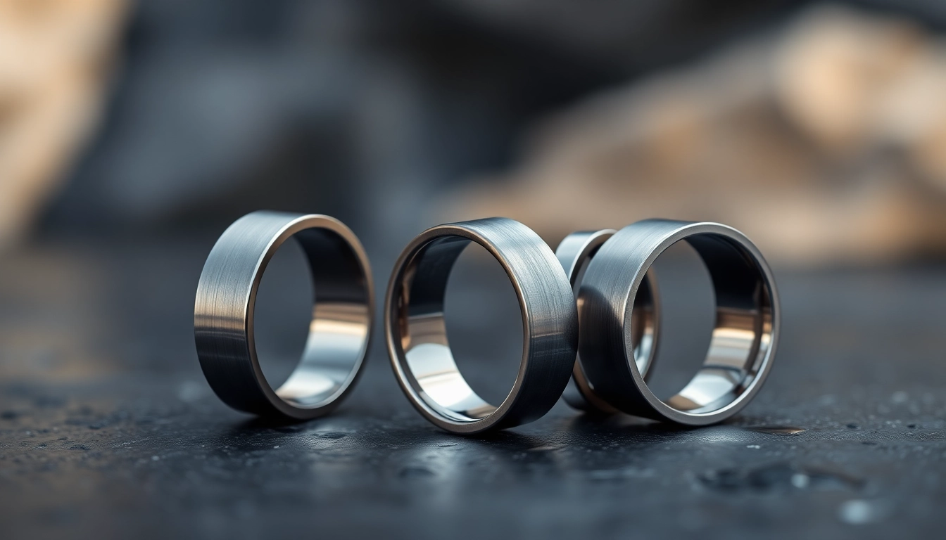 Showcasing gunmetal wedding bands for men featuring sleek designs and textures.