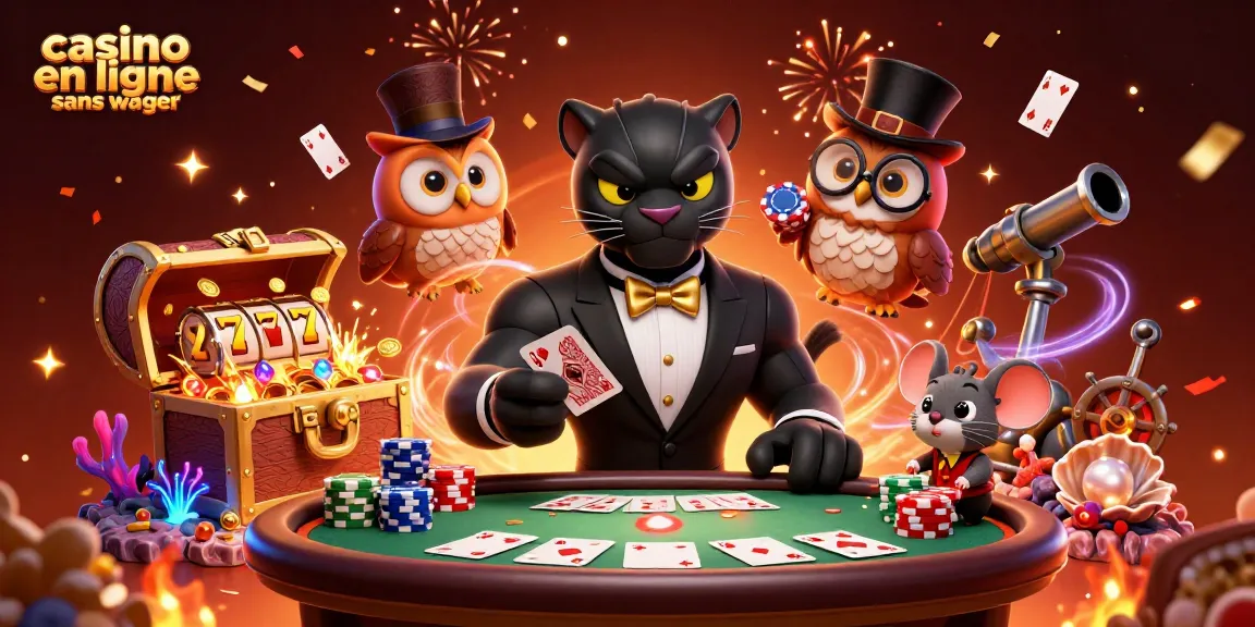 Savourez l'excitation du casino en ligne sans wager, avec un panthère, un hibou et une souris jouant aux cartes.