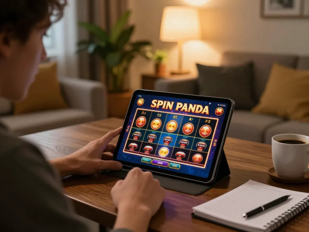 Engaged player using Spin Panda Casino app on tablet in a cozy home setting, emphasizing responsible gaming.