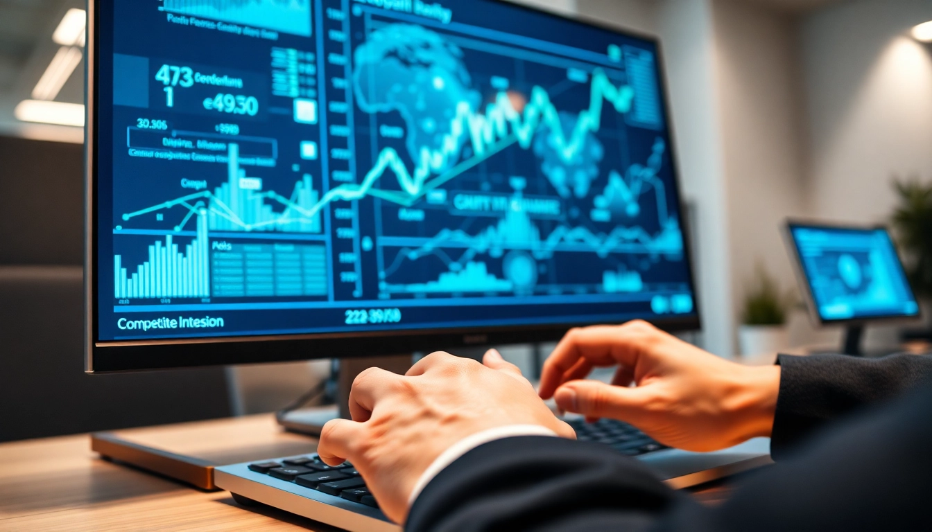Utilize AI for competitive intelligence with advanced data analytics in a modern office setup.