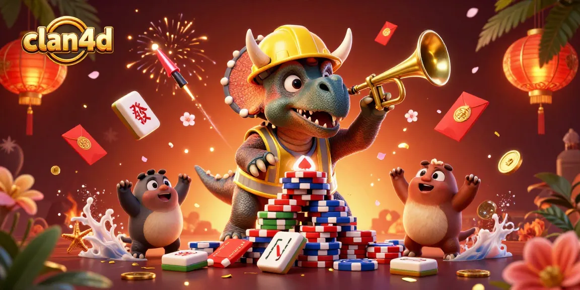 clan4d showcases a vibrant celebration with cartoon dinosaurs creating poker chip pyramids and joyful compys.