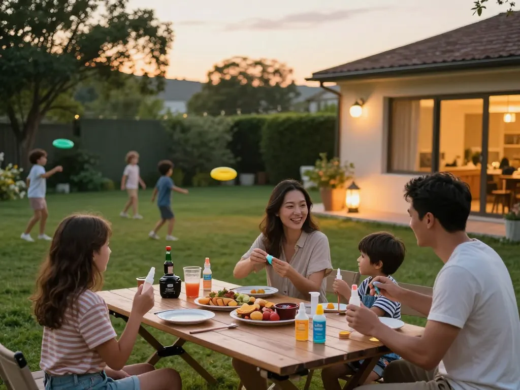 The family enjoying their backyard barbecue while using the Best Mosquito Repellent for protection against bites.