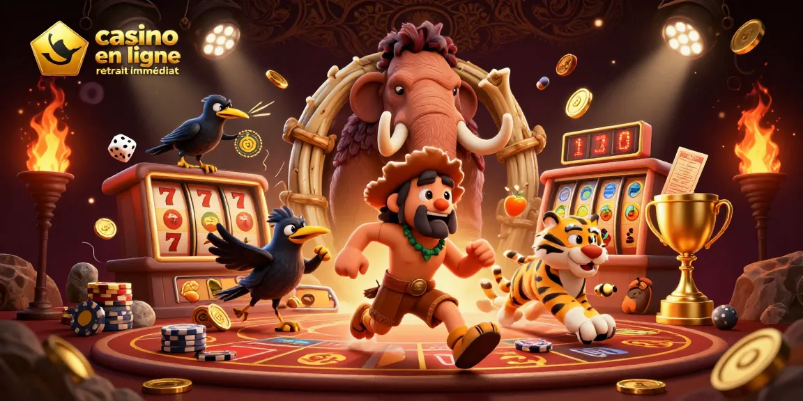 Jeux palpitants avec casino en ligne retrait immédiat illustrant un duo préhistorique animant une expérience unique.