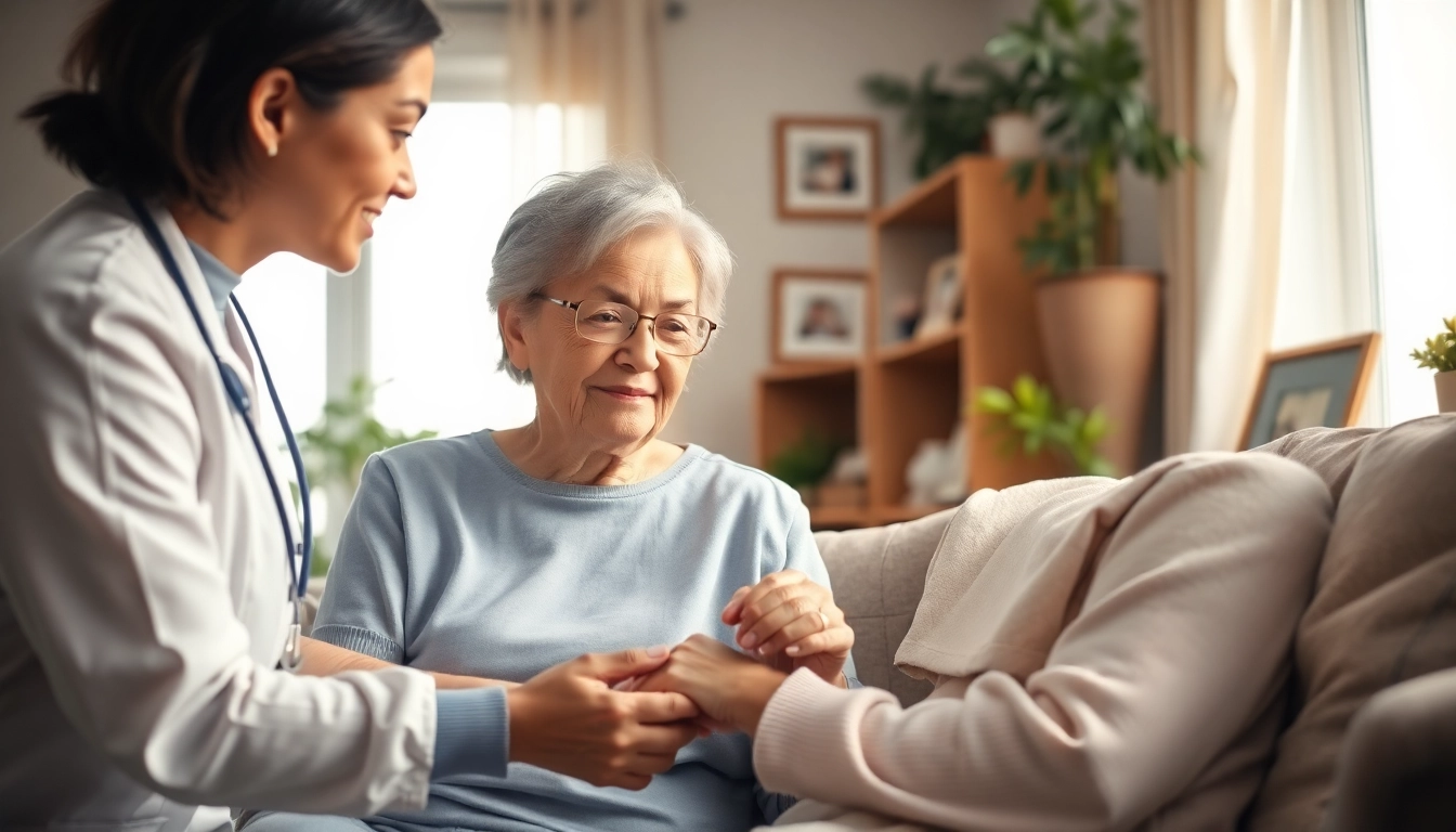Care at home scene featuring a caregiver supporting an elderly person in a cozy living room.