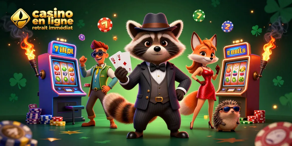 Un instant gagnant au casino en ligne retrait immédiat avec des personnages amusants et des machines à sous colorées dans un décor dynamique.