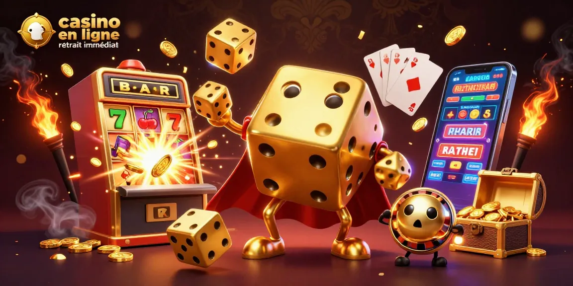 Venez découvrir l'univers du casino en ligne retrait immédiat avec un golem de dés et une machine à sous.
