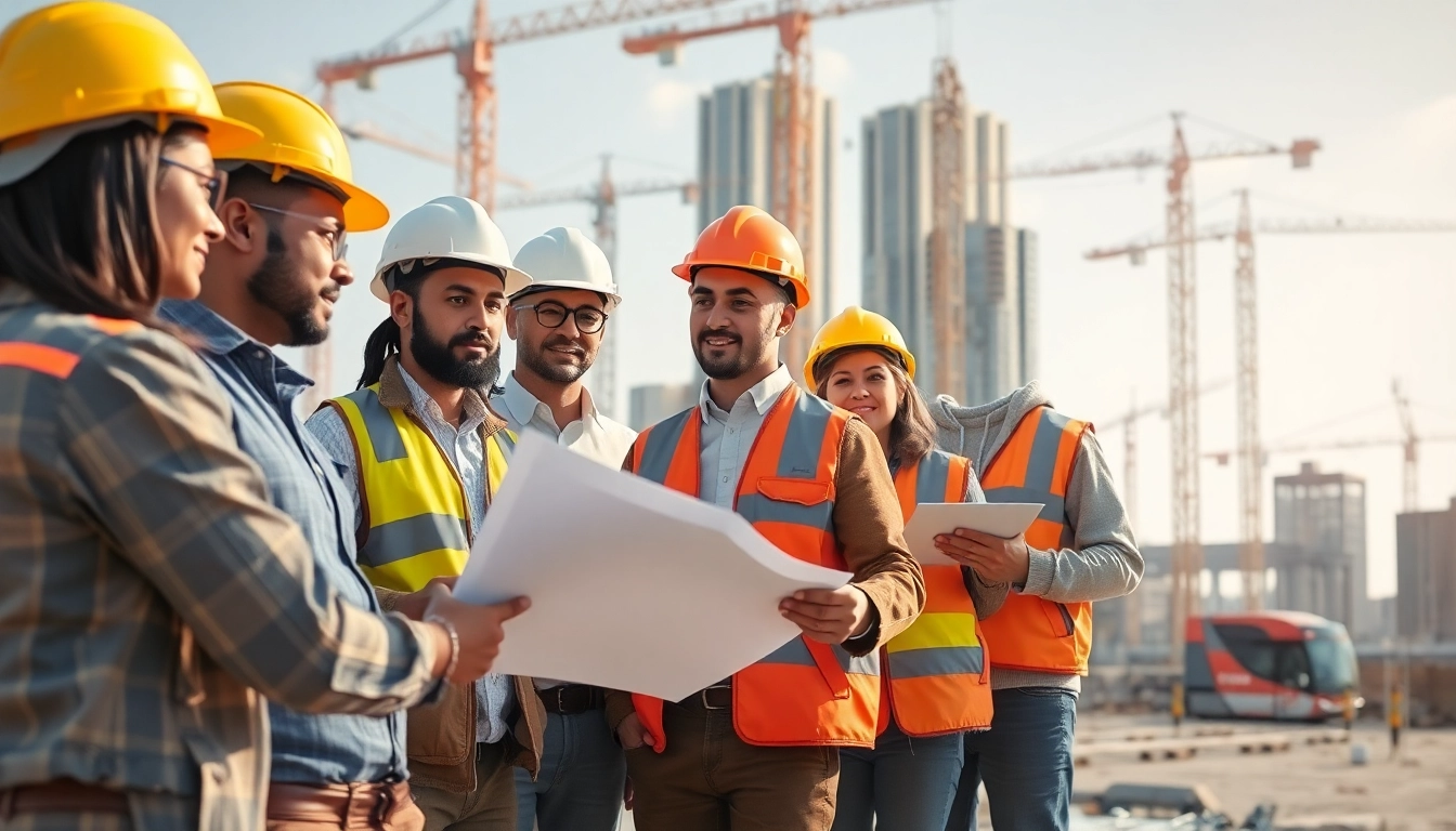 Construction network association professionals collaborating on a vibrant building site.