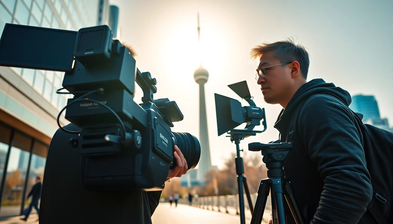 Capture of professional On-location videography toronto with a videographer in action featuring Toronto's CN Tower.