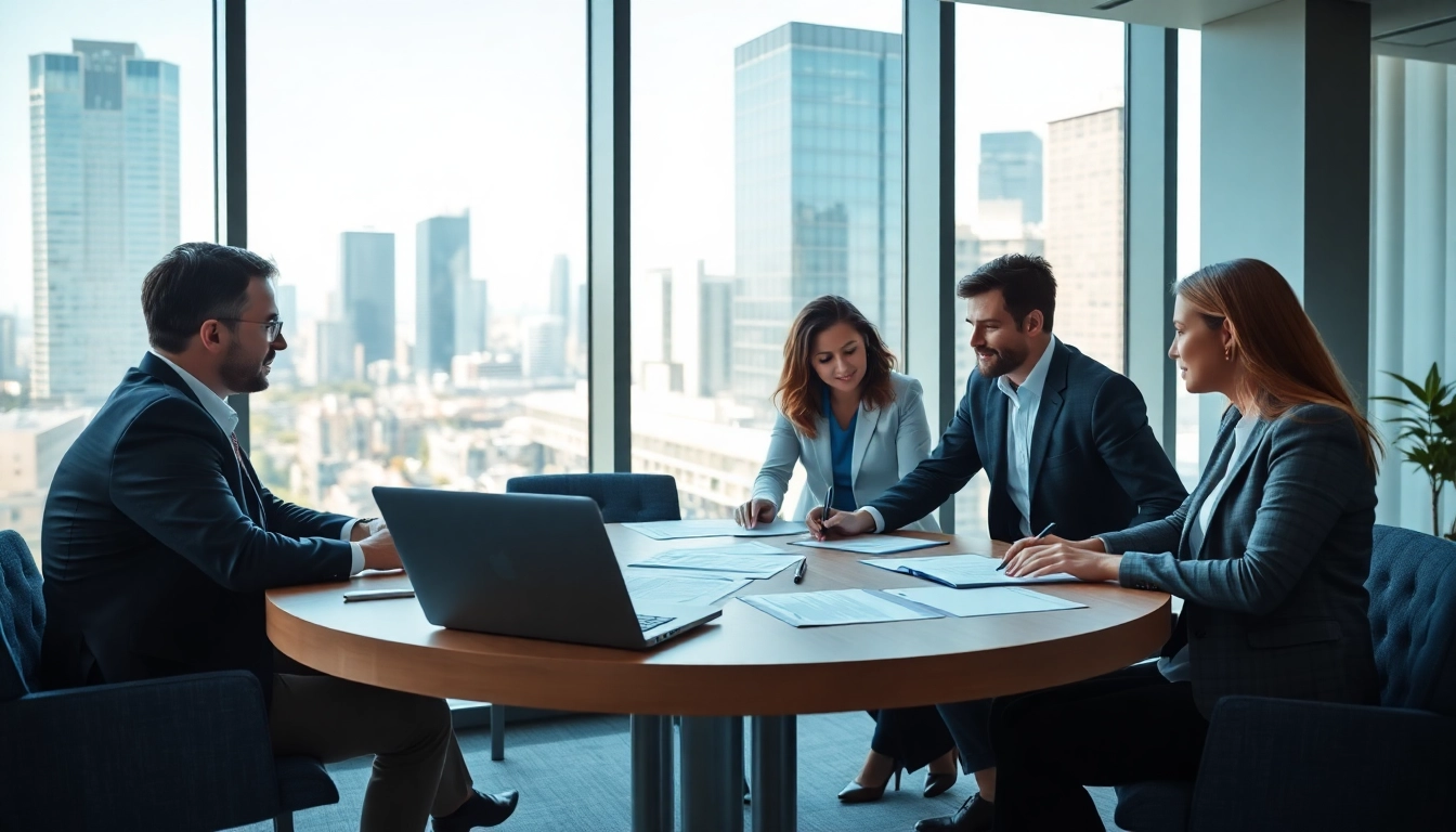 Consultants discussing contracts and grants in a bright, modern office setting focused on collaboration.
