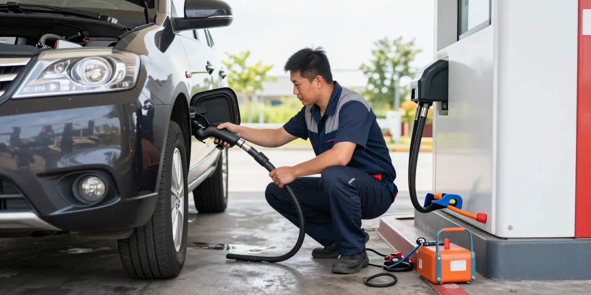 Technician draining petrol from a diesel car during a fuel mishap, ensuring safe recovery