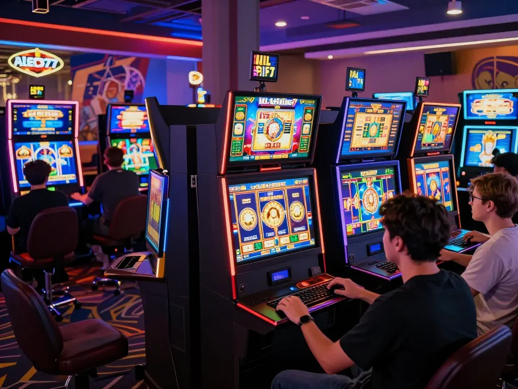 Engaging players enjoying alexis77 slot on their devices in a lively online gaming arena