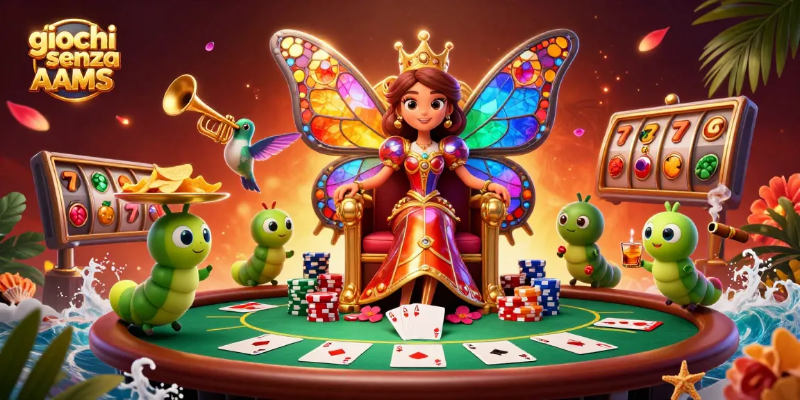 Scopri giochi senza AAMS con una regina farfalla in un casinò 3D festoso.