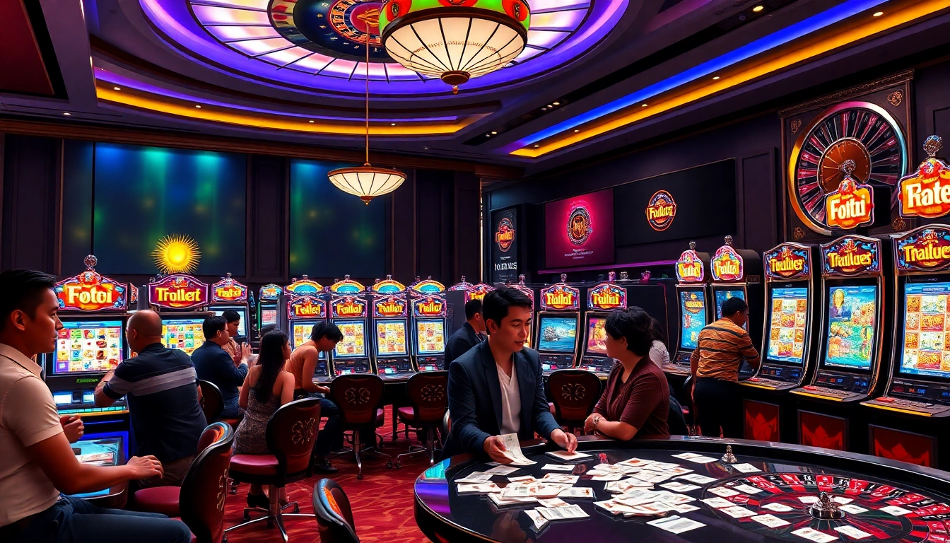 Pengalaman bermain yang menarik di Slot Thailand, menampilkan mesin slot yang berwarna-warni dan pemain yang bahagia.