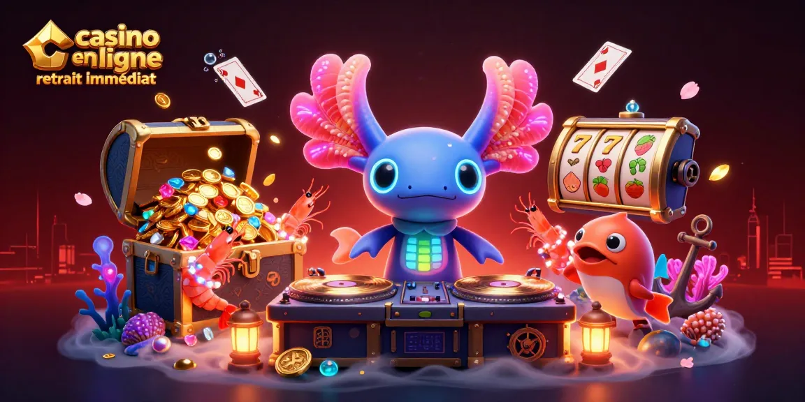 Plongez dans le monde du casino en ligne retrait immédiat avec un axolotl DJ vibrant et des créatures dansantes.