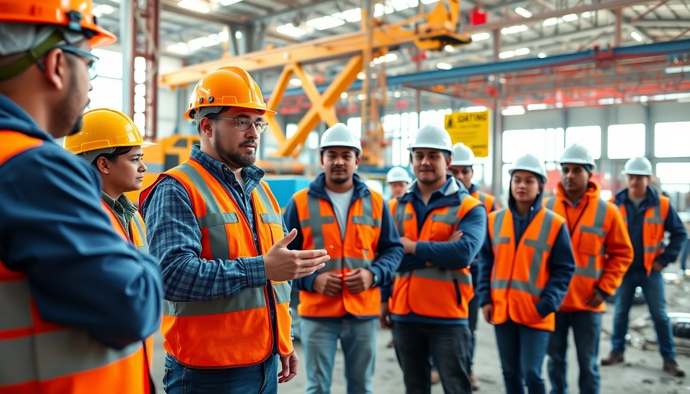 Engaged workers in a construction site safety training session demonstrating proper safety techniques.