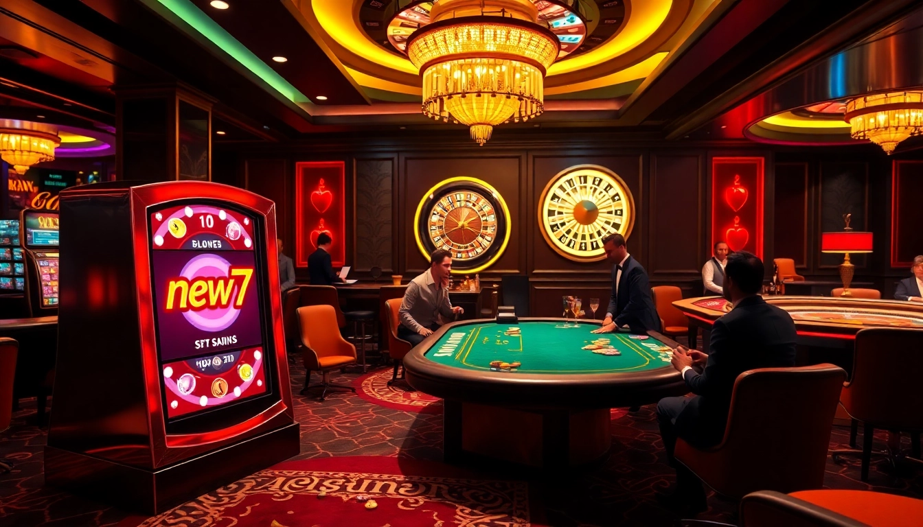 Players winning at a vibrant new77 slot machine in a luxurious casino setting.