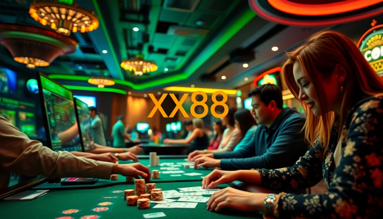 Experience thrilling online gaming at https://xx88.pizza/ with our vibrant casino scene showcasing engaged players, digital displays, and a warm atmosphere.