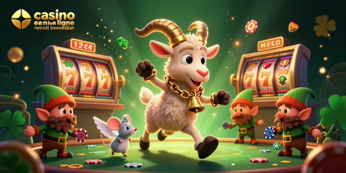 Jouez avec "casino en ligne retrait immédiat" dans une illustration de casino dynamique entouré de symboles chanceux.