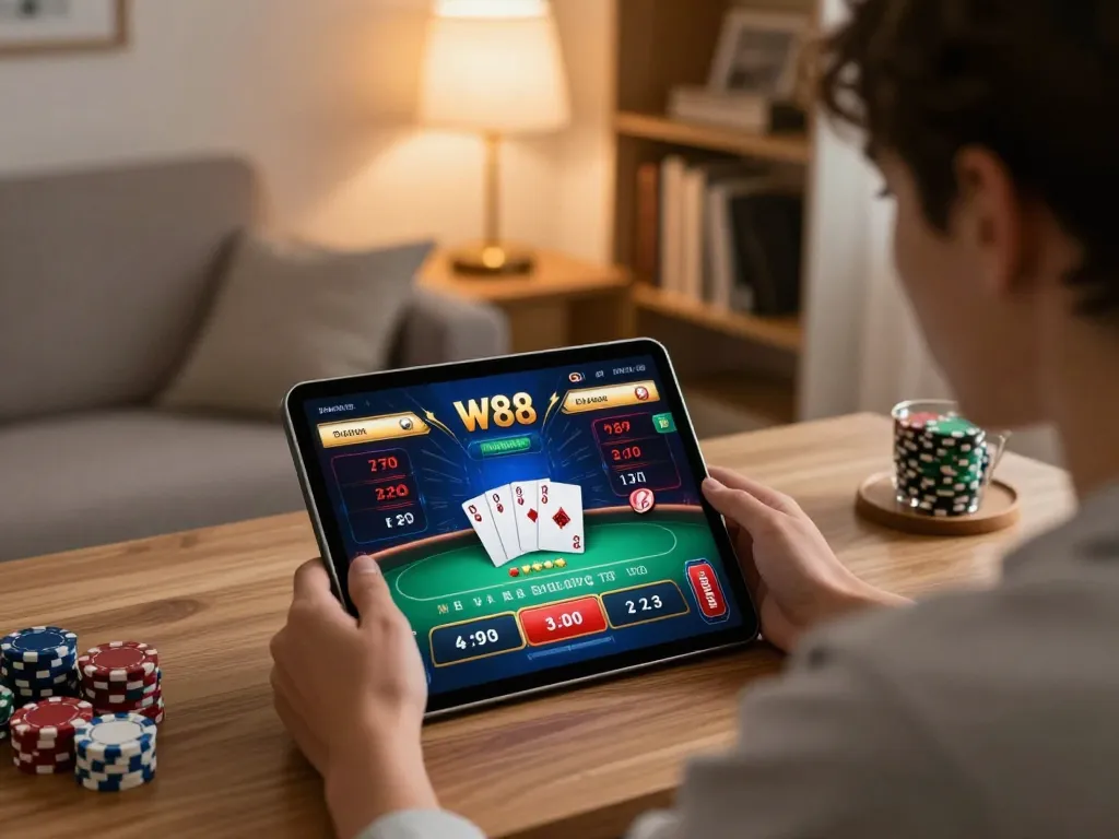 W88 online betting interface displayed on a tablet in a cozy home office setting, highlighting engaging gameplay.