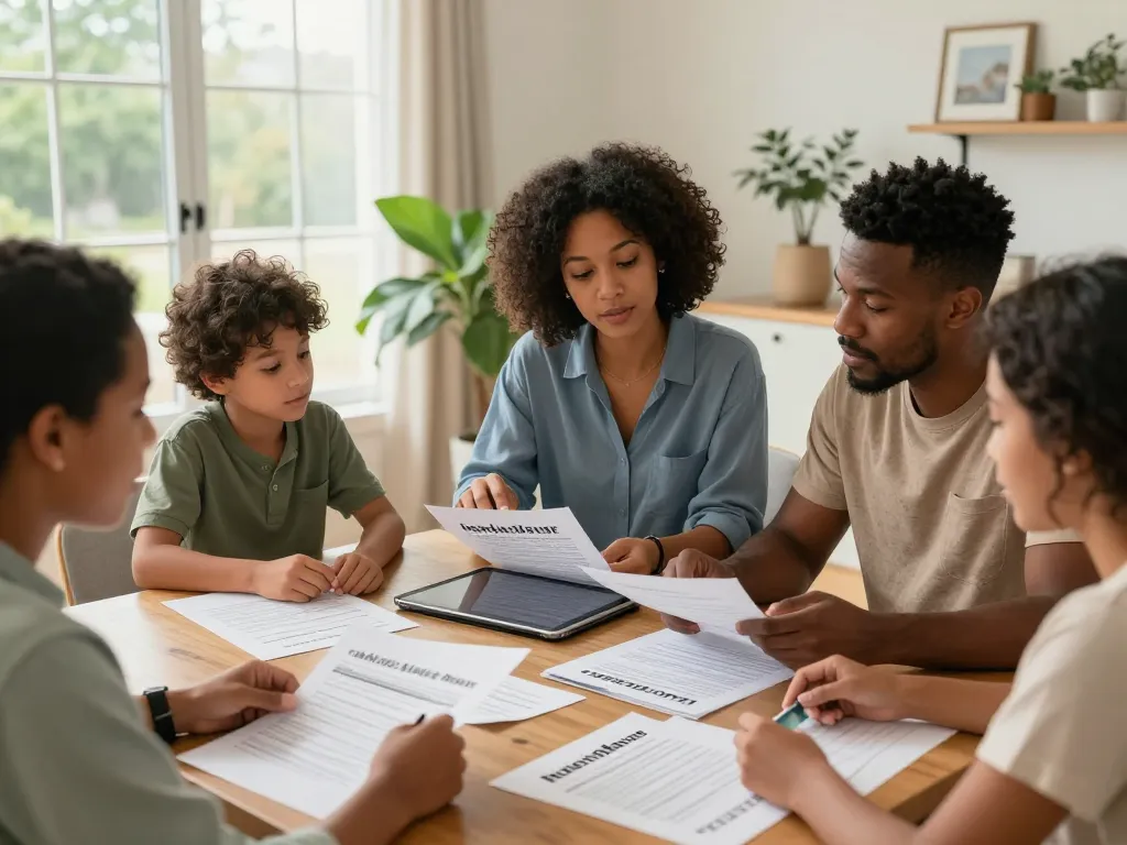 Cash home buyers discussing offers in a bright family setting with documents and tablets.