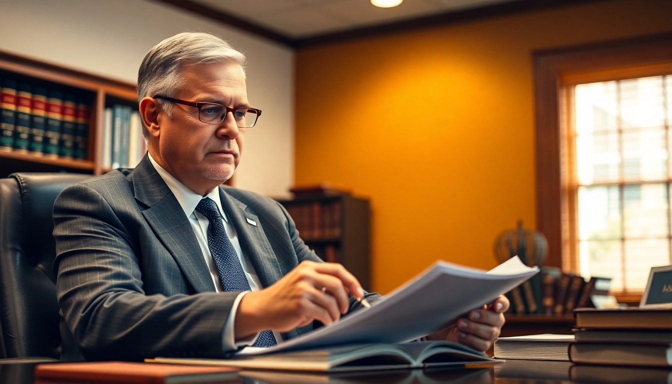 Consulting asheville dwi defense lawyer reviewing case files in a professional office.