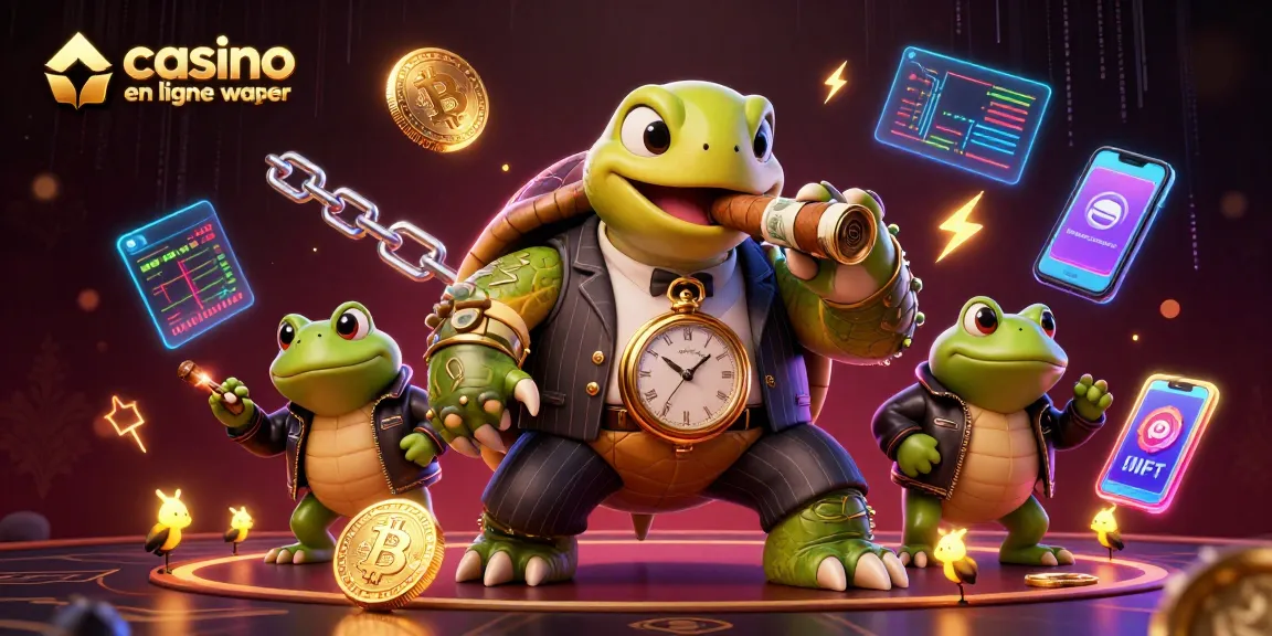 Illustration de casino en ligne sans wager avec une tortue en costume et des grenouilles, animée et riche en détails.