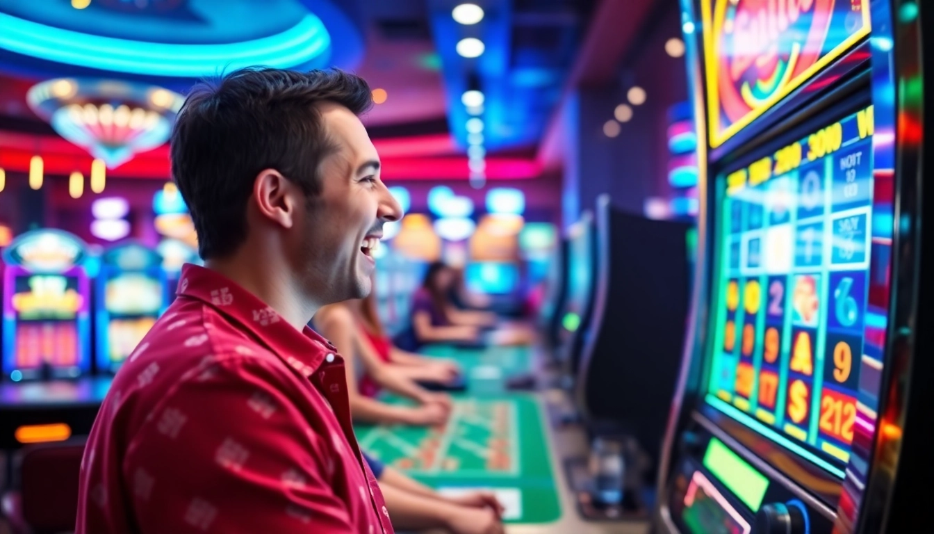 Excited player winning at Vegas hero online casino, illuminated by neon lights.
