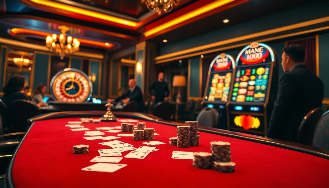 Players experiencing excitement at a luxurious casino scene representing Man88 with poker and roulette tables.