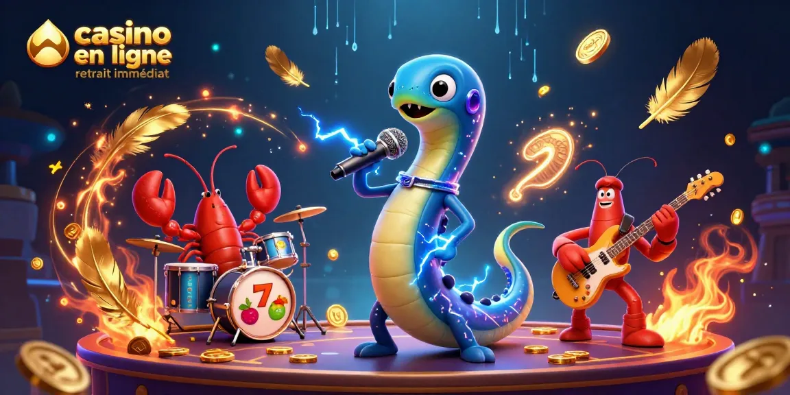 Illustration d'un casino en ligne retrait immédiat avec un anguille DJ et musiciens, ambiance festive et éléments de jeu.